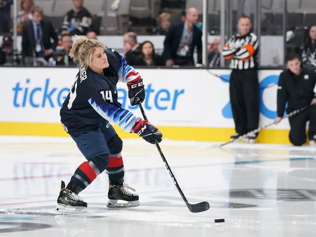 Hockey superstar Brianna Decker competes in the passing contest during All-Star weekend.