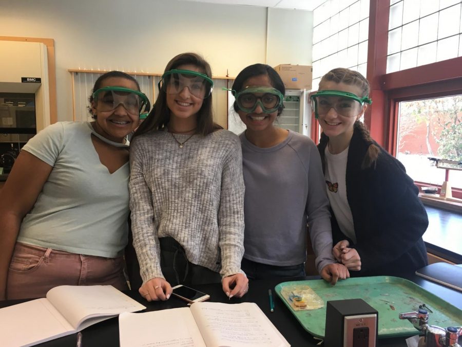 Jordan Atkins (10), Rachel Robertson (10), Samhita Vasudevan (10), and Lola Wilhite (10) cheesin for chemistry
