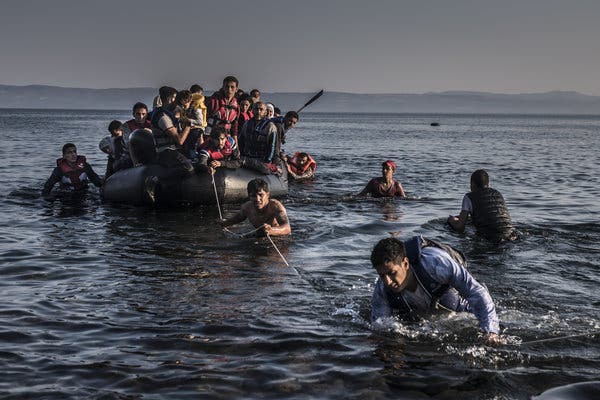 Refugees migrating by boat in search for a new home.