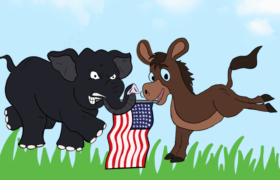 The Democrat Donkey and Republican Elephant fighting to see who ends up with the American flag.