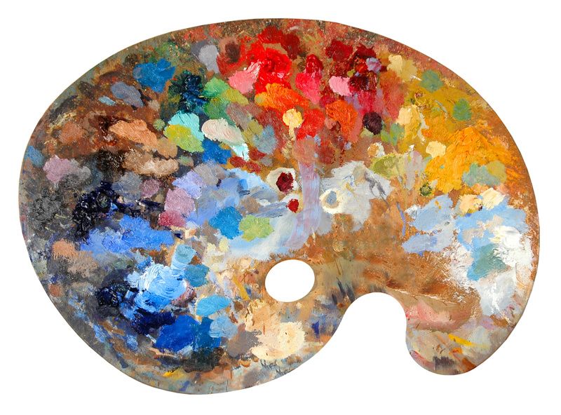 A painters palette with a widespread variety of shades of colors.
