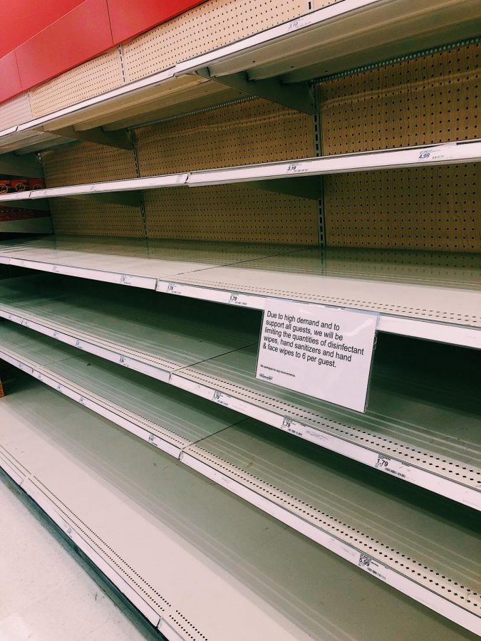 Empty shelves in the cleaning/hygiene aisles at local Target stores due to customers panic-buying.