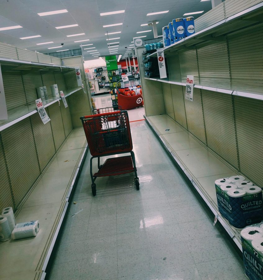 Empty shelves in the cleaning/hygiene aisles at local Target stores due to customers panic-buying.