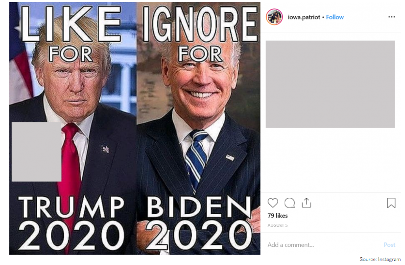 A meme posted on Russian-run instagram account iowa.patriot to support president Trumps reelection