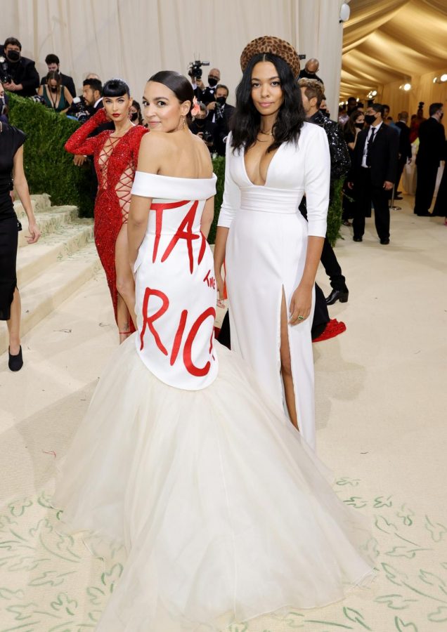 Alexandria+Ocasio-Cortezs+dress+was+much-talked+about+at+the+2021+Met+Gala.+