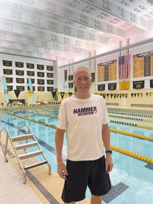 Coach Semler on deck at the NA pool, where he coached the team for 35 years and won 9 state championships.