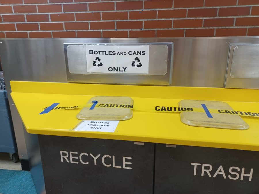 One of the few recycling bins in cafeteria where recycling items has become difficult.