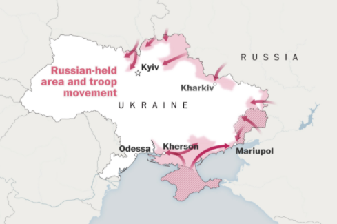 A map showing the advancement of Russia’s Invasion of Ukraine