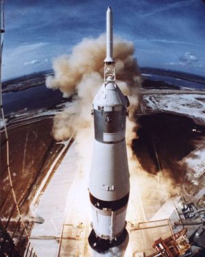 During the height of NASAs success, the Saturn V lifts off.