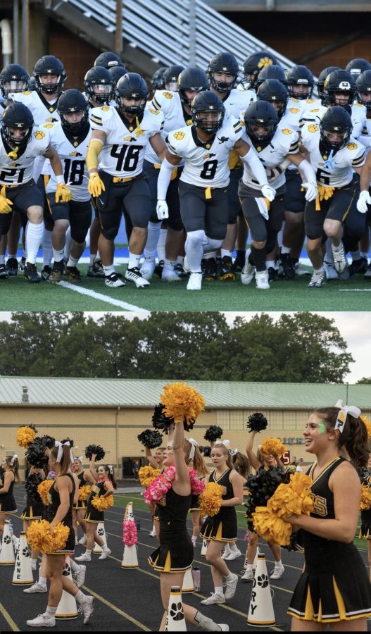 The NA Football team comes running out of the tunnel for a game against Central Catholic (above).
The NA Cheerleaders perform on the sideline at Newman Stadium (below).