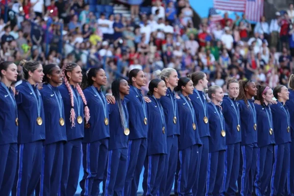 The USWNT receiving their gold medals during the Paris 2024 Olympics.