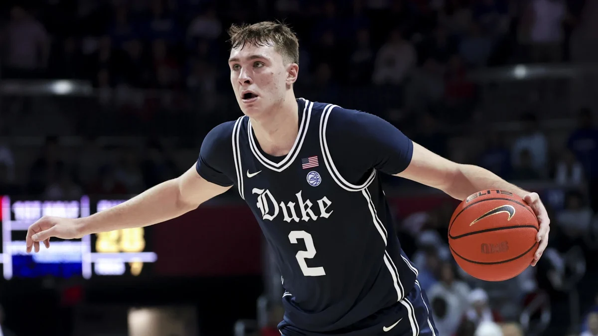Jan 4, 2025; Dallas, Texas, USA; Duke Blue Devils guard Cooper Flagg (2) controls the ball during the first half against the Southern Methodist Mustangs at Moody Coliseum. 